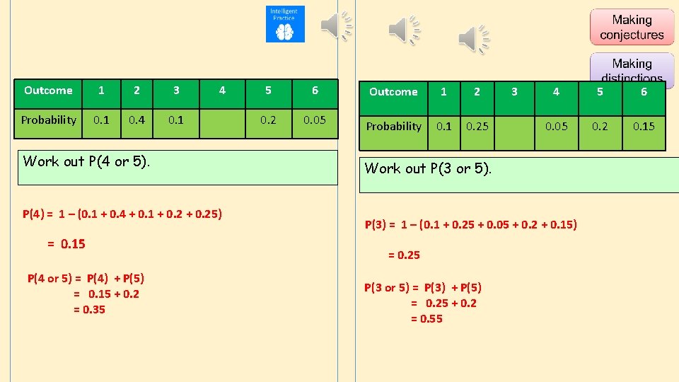 Outcome 1 2 3 Probability 0. 1 0. 4 0. 1 4 Work out