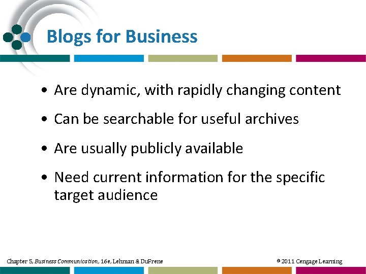 Blogs for Business • Are dynamic, with rapidly changing content • Can be searchable