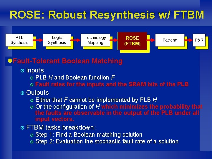 ROSE: Robust Resynthesis w/ FTBM l Boolean Matching l. Fault-Tolerant Boolean Matching ¤ Inputs