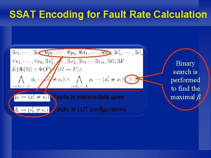 SSAT Encoding for Fault Rate Calculation Faults in intermediate wires Faults in LUT configurations