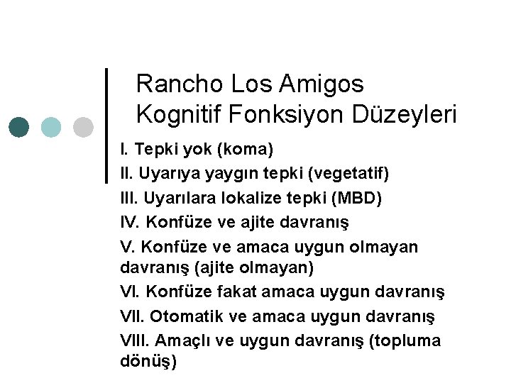 Rancho Los Amigos Kognitif Fonksiyon Düzeyleri I. Tepki yok (koma) II. Uyarıya yaygın tepki