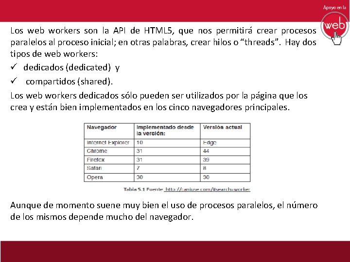 Los web workers son la API de HTML 5, que nos permitirá crear procesos
