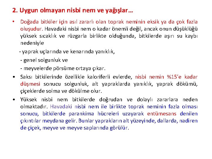 2. Uygun olmayan nisbi nem ve yağışlar… • Doğada bitkiler için asıl zararlı olan