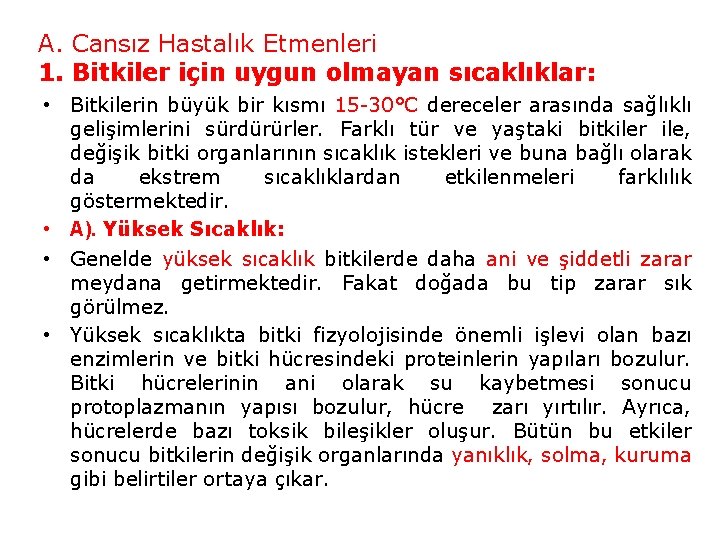 A. Cansız Hastalık Etmenleri 1. Bitkiler için uygun olmayan sıcaklıklar: • Bitkilerin büyük bir