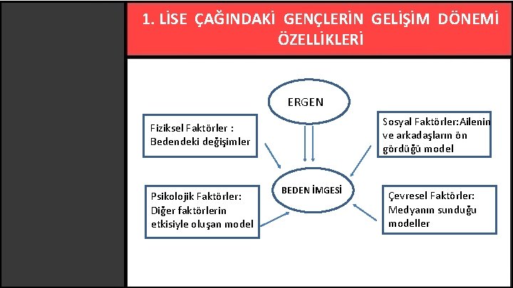 1. LİSE ÇAĞINDAKİ GENÇLERİN GELİŞİM DÖNEMİ ÖZELLİKLERİ ERGEN Sosyal Faktörler: Ailenin ve arkadaşların ön