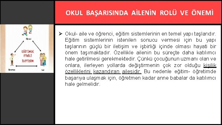 OKUL BAŞARISINDA AİLENİN ROLÜ VE ÖNEMİ Ø Okul- aile ve öğrenci, eğitim sistemlerinin en