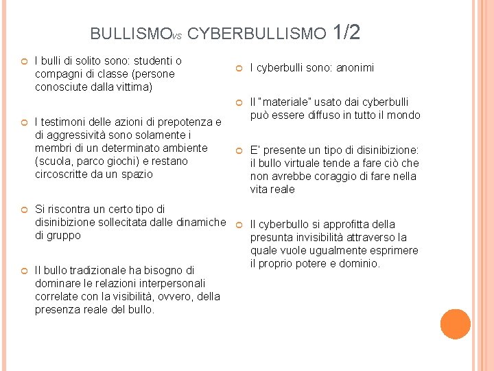  BULLISMO CYBERBULLISMO 1/2 VS I bulli di solito sono: studenti o compagni di