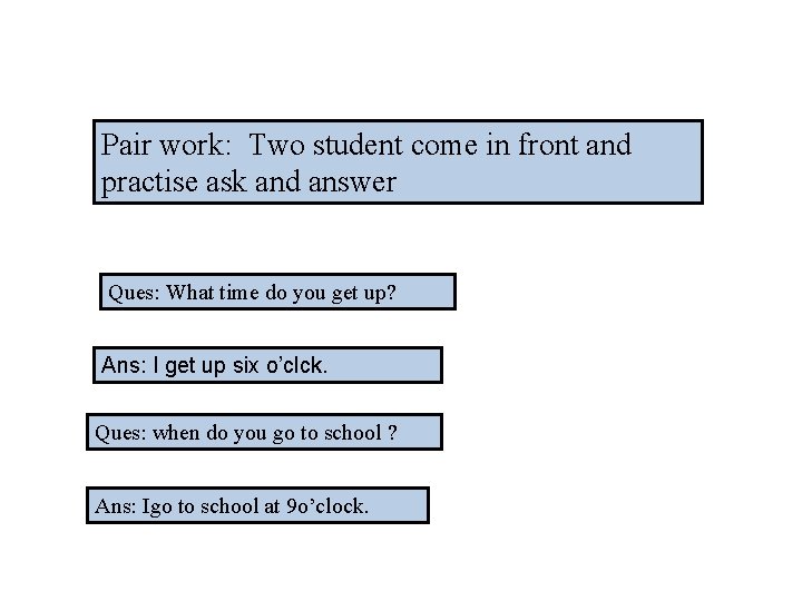 Pair work: Two student come in front and practise ask and answer Ques: What