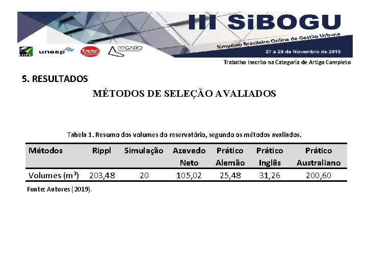 Trabalho Inscrito na Categoria de Artigo Completo 5. RESULTADOS MÉTODOS DE SELEÇÃO AVALIADOS Tabela