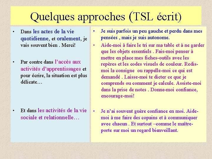 Quelques approches (TSL écrit) • • Dans les actes de la vie quotidienne, et