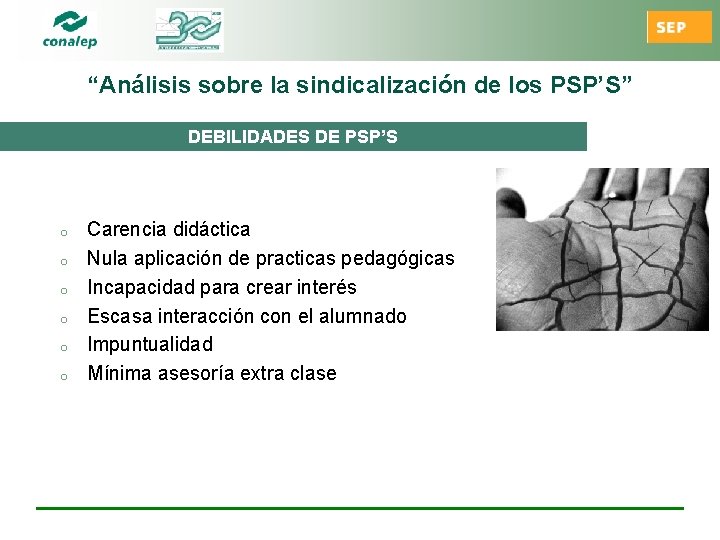 “Análisis sobre la sindicalización de los PSP’S” DEBILIDADES DE PSP’S o o o Carencia