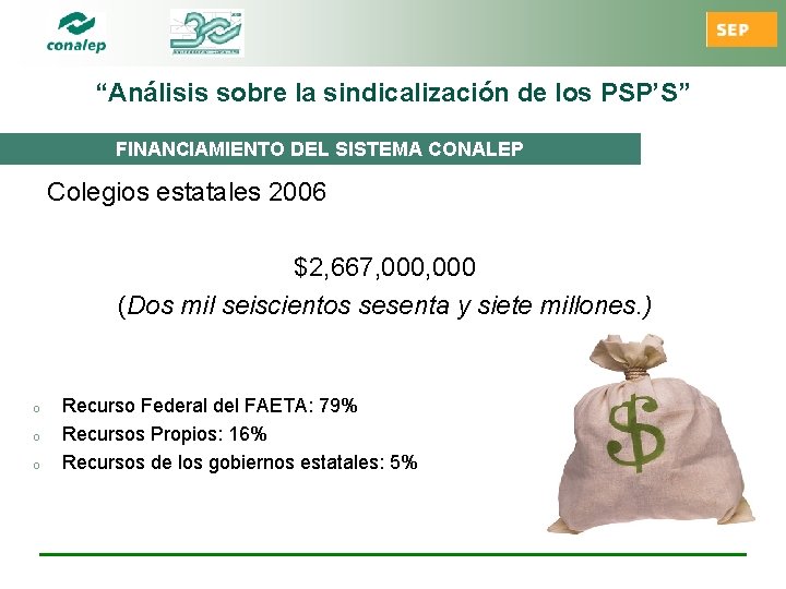 “Análisis sobre la sindicalización de los PSP’S” FINANCIAMIENTO DEL SISTEMA CONALEP Colegios estatales 2006