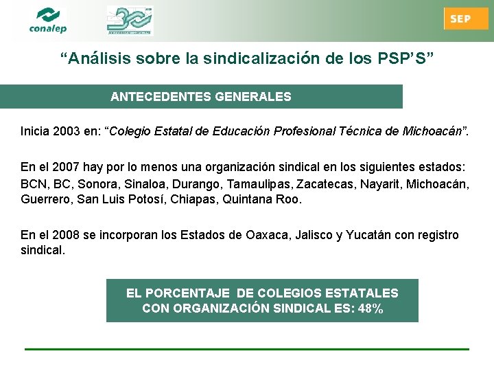 “Análisis sobre la sindicalización de los PSP’S” ANTECEDENTES GENERALES Inicia 2003 en: “Colegio Estatal