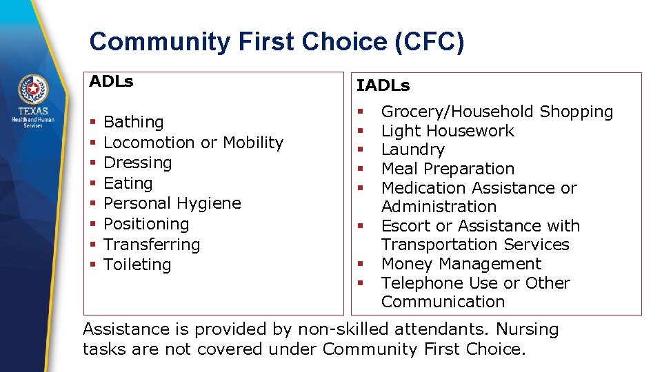 Community First Choice (CFC) ADLs § Bathing § Locomotion or Mobility § Dressing §