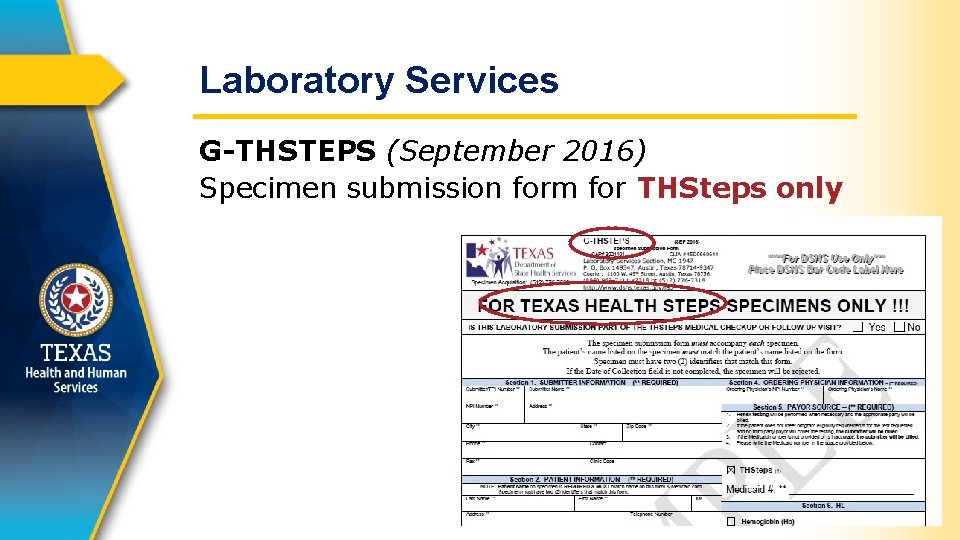 Laboratory Services G-THSTEPS (September 2016) Specimen submission form for THSteps only 