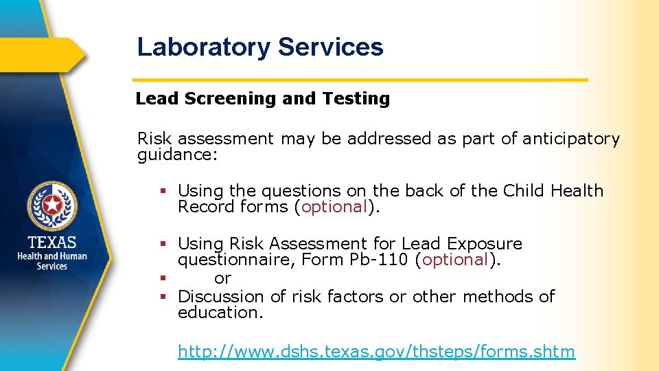 Laboratory Services Lead Screening and Testing Risk assessment may be addressed as part of