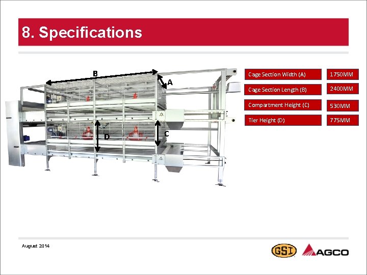 8. Specifications B A D August 2014 C Cage Section Width (A) 1750 MM