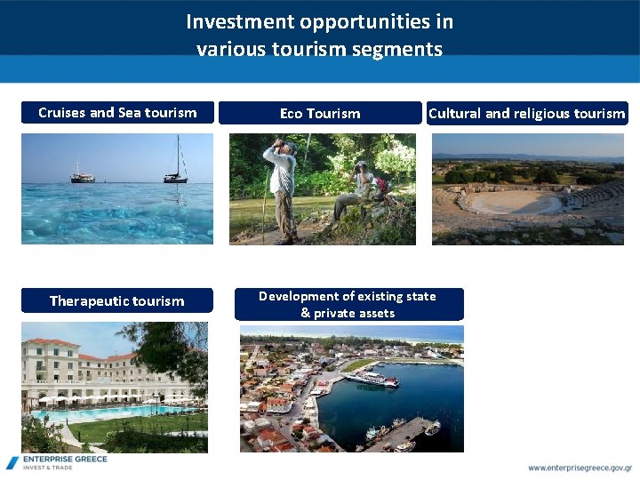 Investment opportunities in various tourism segments Cruises and Sea tourism Therapeutic tourism Eco Tourism