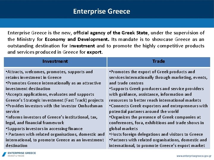 Enterprise Greece is the new, official agency of the Greek State, under the supervision