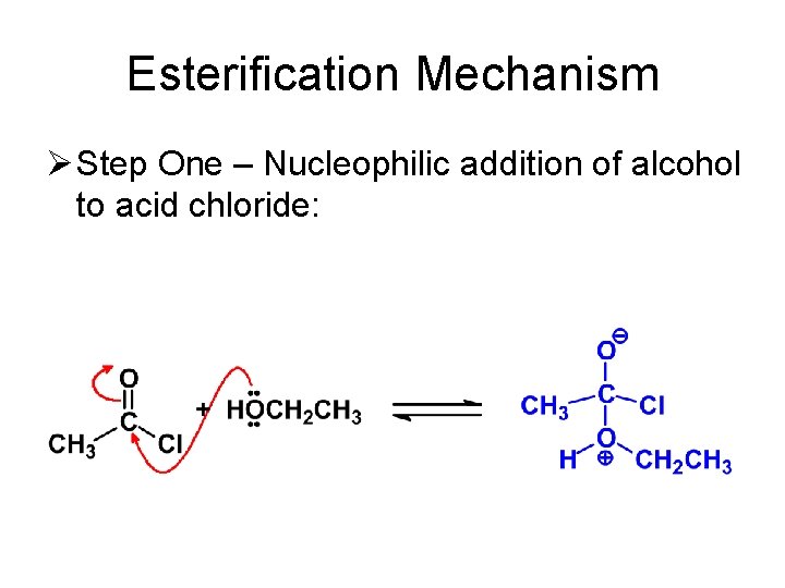 Esterification Mechanism Ø Step One – Nucleophilic addition of alcohol to acid chloride: 
