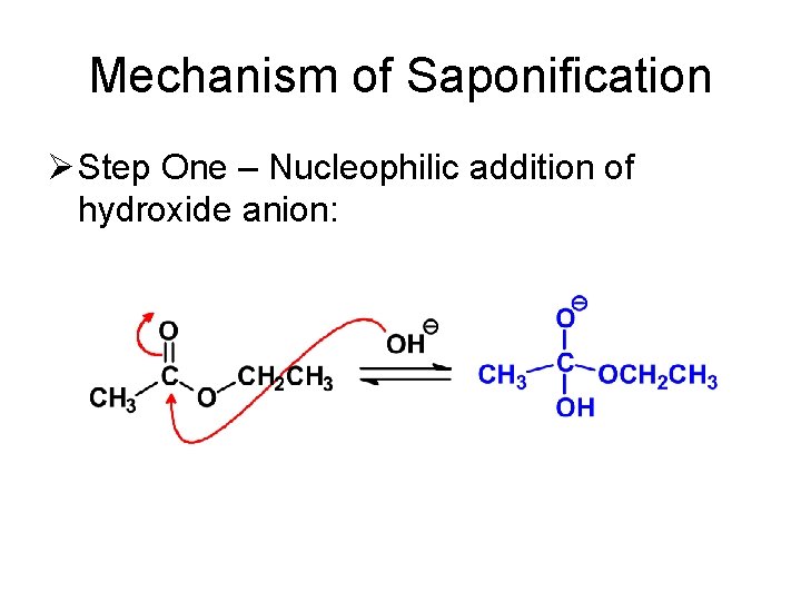 Mechanism of Saponification Ø Step One – Nucleophilic addition of hydroxide anion: 