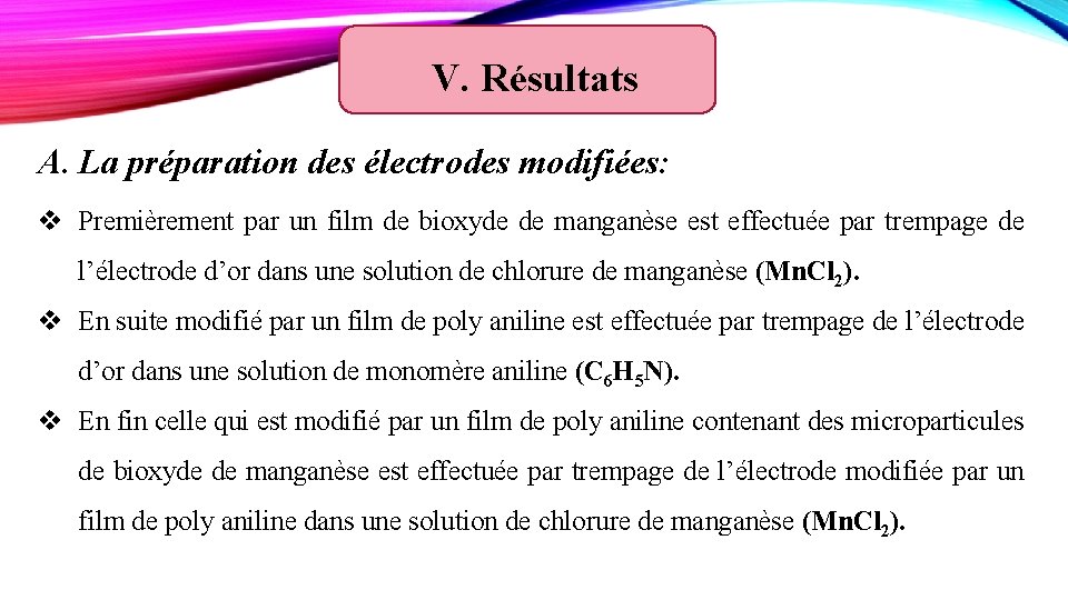 V. Résultats A. La préparation des électrodes modifiées: v Premièrement par un film de