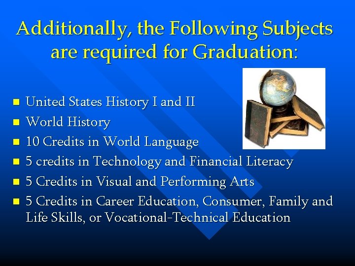 Additionally, the Following Subjects are required for Graduation: n n n United States History