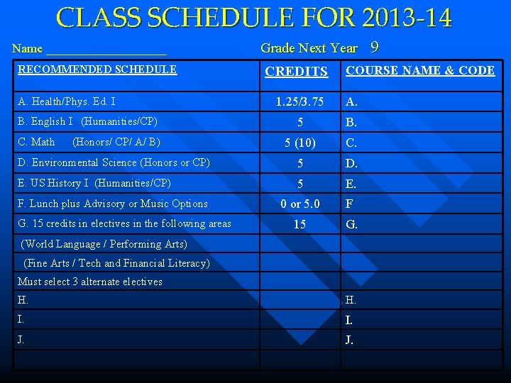 CLASS SCHEDULE FOR 2013 -14 Name _________ RECOMMENDED SCHEDULE A. Health/Phys. Ed. I Grade