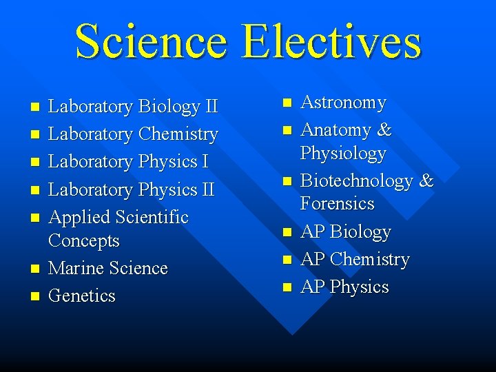 Science Electives n n n n Laboratory Biology II Laboratory Chemistry Laboratory Physics II