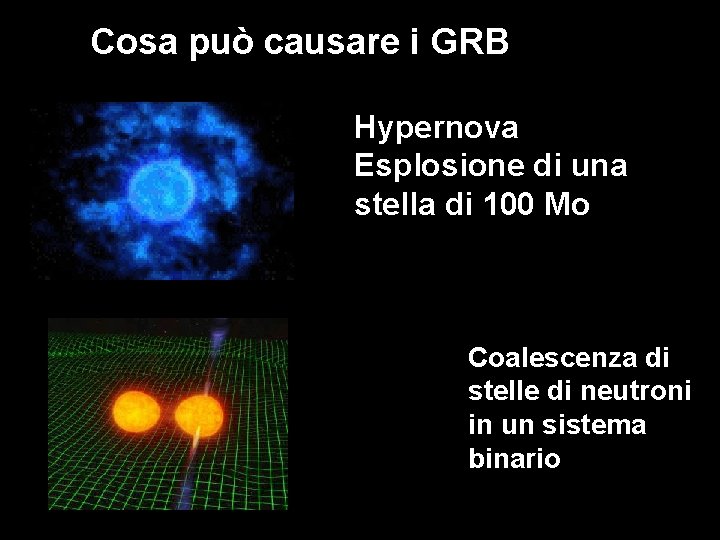 Cosa può causare i GRB Hypernova Esplosione di una stella di 100 Mo Coalescenza