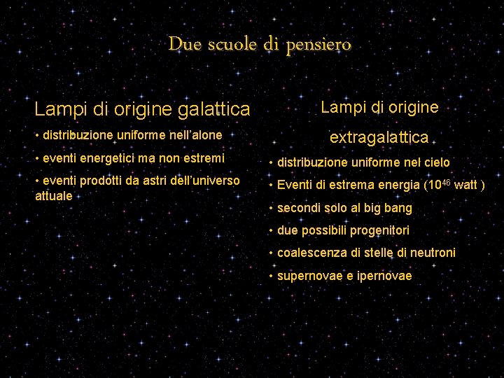 Due scuole di pensiero Lampi di origine galattica • distribuzione uniforme nell’alone Lampi di