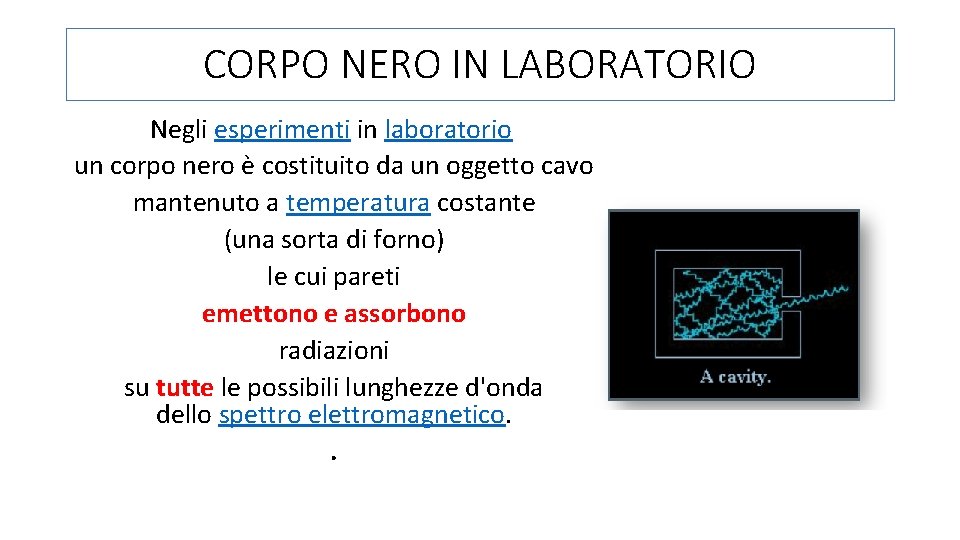 CORPO NERO IN LABORATORIO Negli esperimenti in laboratorio un corpo nero è costituito da