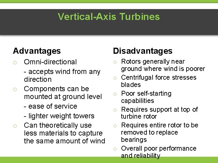 Vertical-Axis Turbines Advantages Disadvantages o Omni-directional - accepts wind from any direction o Components