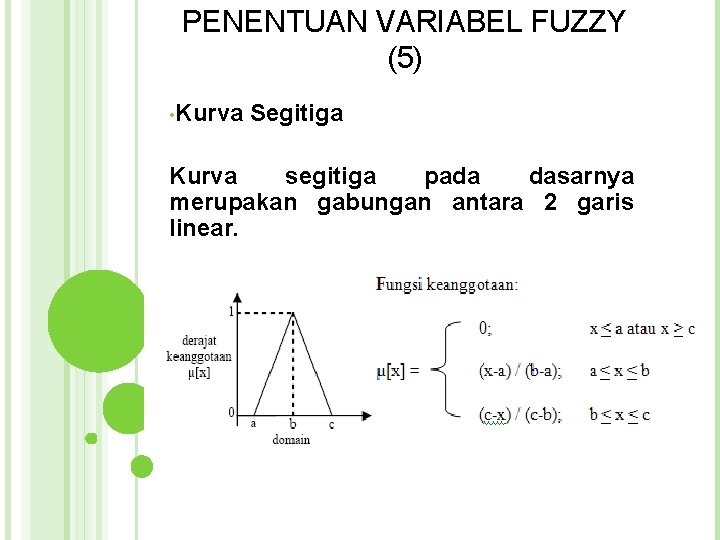 PENENTUAN VARIABEL FUZZY (5) • Kurva Segitiga Kurva segitiga pada dasarnya merupakan gabungan antara PENENTUAN VARIABEL FUZZY (5) • Kurva Segitiga Kurva segitiga pada dasarnya merupakan gabungan antara
