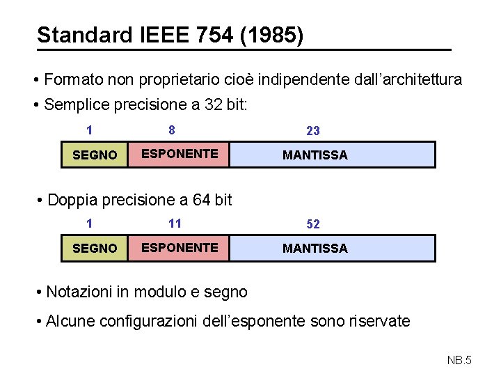 Standard IEEE 754 (1985) • Formato non proprietario cioè indipendente dall’architettura • Semplice precisione