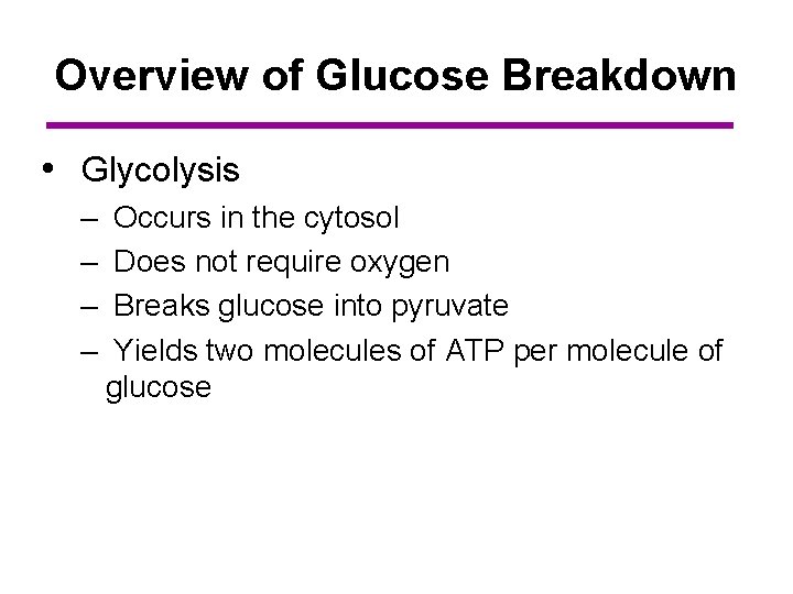 Overview of Glucose Breakdown • Glycolysis – – Occurs in the cytosol Does not