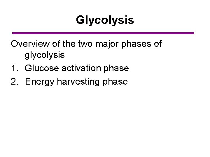 Glycolysis Overview of the two major phases of glycolysis 1. Glucose activation phase 2.