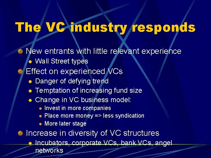 The VC industry responds New entrants with little relevant experience l Wall Street types