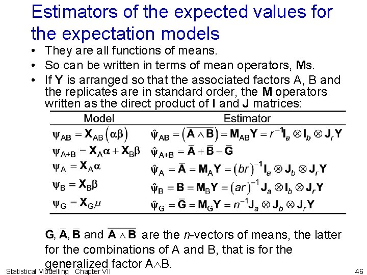 Estimators of the expected values for the expectation models • They are all functions