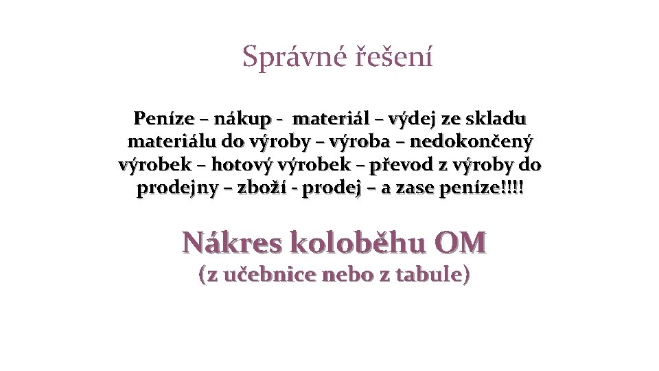 Správné řešení Peníze – nákup - materiál – výdej ze skladu materiálu do výroby