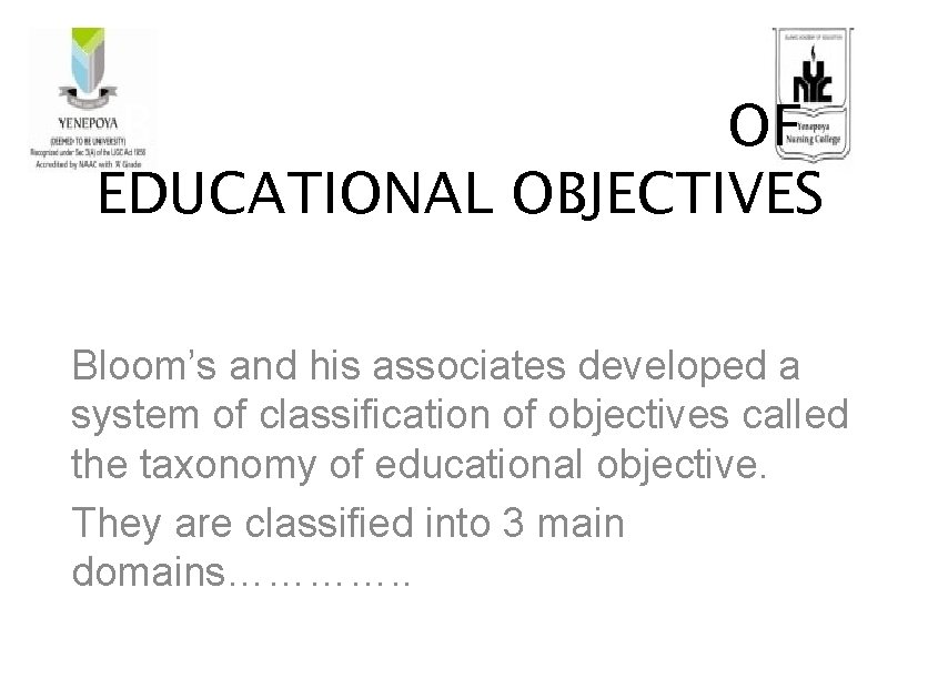 BLOOM’S TAXONOMY OF EDUCATIONAL OBJECTIVES Bloom’s and his associates developed a system of classification