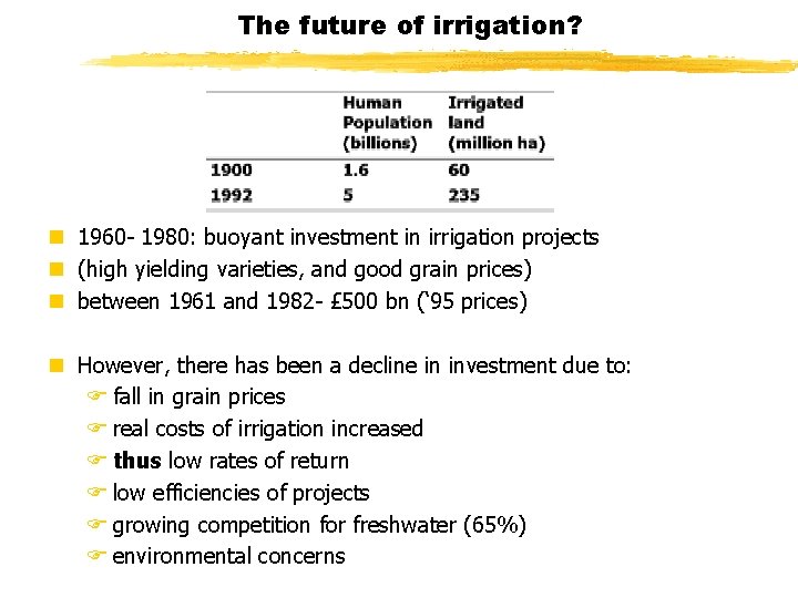 The future of irrigation? n 1960 - 1980: buoyant investment in irrigation projects n