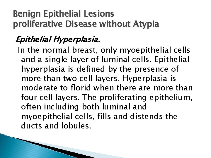 Benign Epithelial Lesions proliferative Disease without Atypia Epithelial Hyperplasia. In the normal breast, only