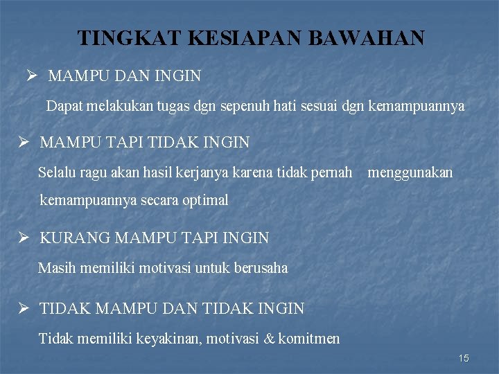 TINGKAT KESIAPAN BAWAHAN Ø MAMPU DAN INGIN Dapat melakukan tugas dgn sepenuh hati sesuai