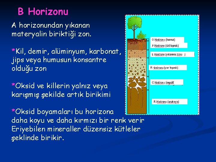 B Horizonu A horizonundan yıkanan materyalin biriktiği zon. *Kil, demir, alüminyum, karbonat, jips veya