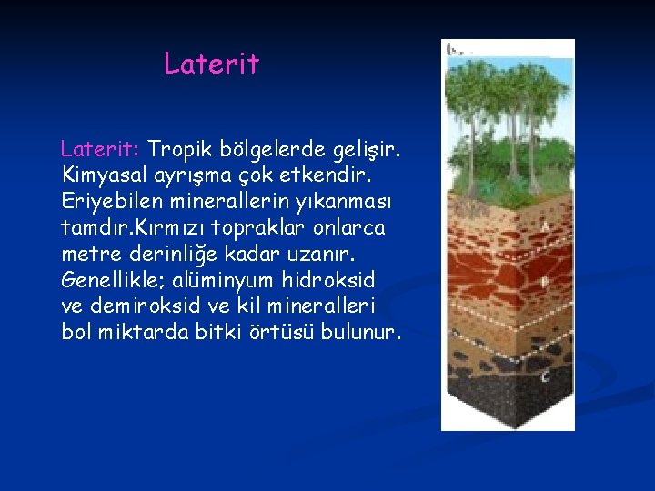 Laterit: Tropik bölgelerde gelişir. Kimyasal ayrışma çok etkendir. Eriyebilen minerallerin yıkanması tamdır. Kırmızı topraklar