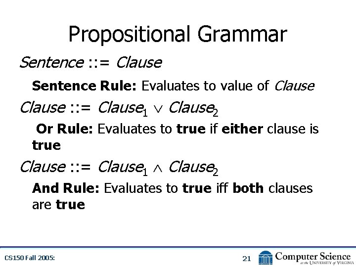 Propositional Grammar Sentence : : = Clause Sentence Rule: Evaluates to value of Clause