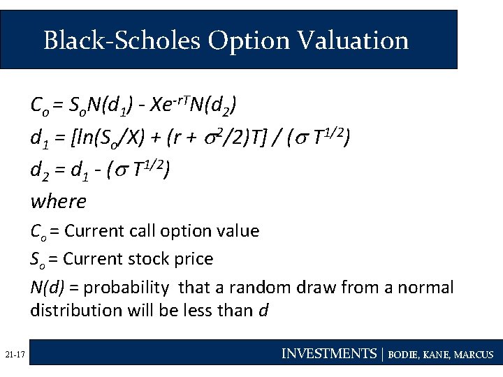 Black-Scholes Option Valuation Co = So. N(d 1) - Xe-r. TN(d 2) d 1