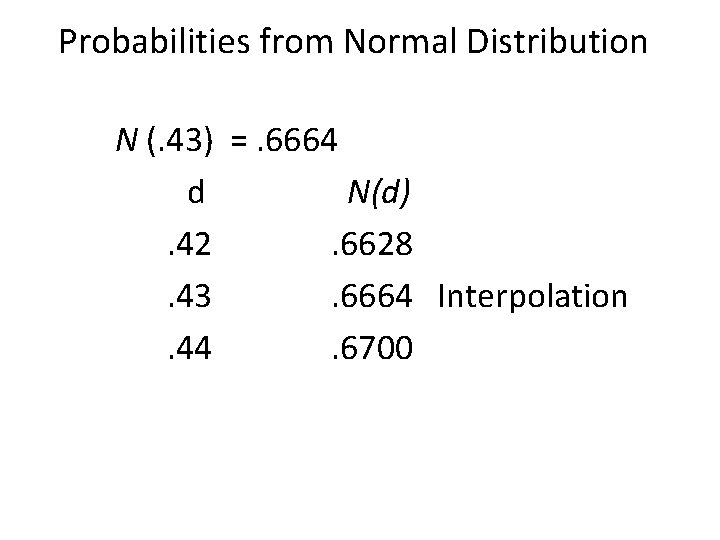 Probabilities from Normal Distribution N (. 43) =. 6664 d N(d) . 42 .