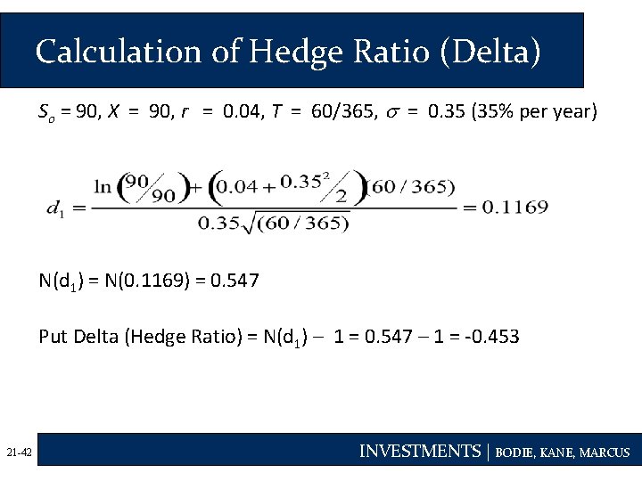 Calculation of Hedge Ratio (Delta) So = 90, X = 90, r = 0.